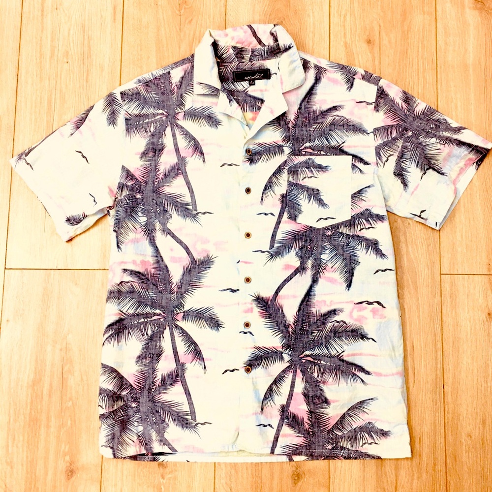 Men's Pink Palm-Print Short Sleeve Shirt button up beach coastal large - Picture 2 of 9